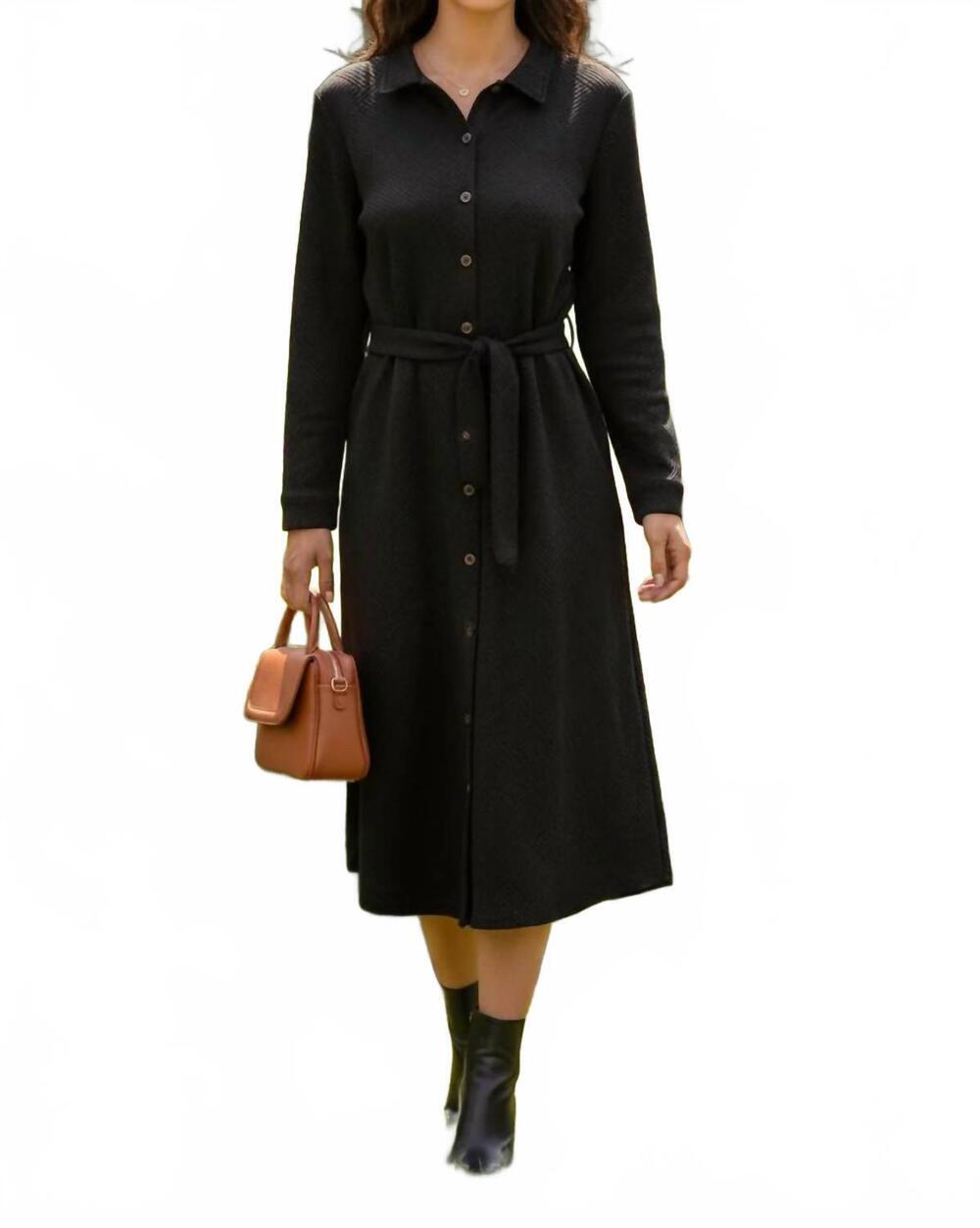 NEW SHE + SKY women's long sleeve textured button down shirt dress in black